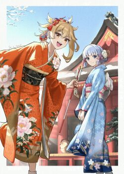 2girls alternate_costume alternate_hairstyle architecture arrow_(projectile) ayaka_(genshin_impact) bag bird blonde_hair blue_bag blue_eyes blue_hair blue_sky border closed_mouth commentary_request east_asian_architecture feet_out_of_frame floral_print floral_print_kimono genshin_impact hair_ornament hair_up hamaya handbag hatsumoude highres holding holding_arrow holding_bag japanese_clothes kamisato_ayaka kamisato_ayaka_(sweets_paradise) kimono leaning_forward looking_at_viewer multiple_girls nail_polish new_year obi obiage obijime official_alternate_costume open_mouth orange_kimono outdoors outside_border print_kimono pyro_symbol_(genshin_impact) red_nails sash shrine sky smile snow snowflake_print tree_bowbow upper_body vision_(genshin_impact) white_border winter yellow_eyes yoimiya_(genshin_impact)