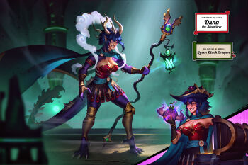 1girl absurdres animal_ears arm_fins armband belt belt_buckle blue_hair body_fins breasts brown_skirt buckle cape chain character_name claws coin commentary commission dang_(runescape) devil_fruit devil_fruit_power dialogue_box dragon_ears dragon_girl dragon_horns dragon_tail duellist&#039;s_cap_(tier_6) english_commentary evil_grin evil_smile fingerless_gloves food fruit full_body gladiator gloves glowing_hat gold_chain gold_coin gold_trim green_belt green_cape grin hagoromo hair_between_eyes hanging_lantern hat high_ponytail highres holding holding_food holding_fruit holding_staff horns johnny_azad leotard long_bangs mage_staff medium_breasts medium_hair monster_girl old_school_runescape one_piece orange_eyes original pile_of_money pillar pointy_ears ponytail purple_background purple_scales red_armband red_leotard runescape scales second-party_source shawl shiny_lips simple_background skirt slit_pupils smile solo spiked_ear_piercing spiked_hair staff staff_of_armadyl_(runescape) sun_symbol tail teeth thick_eyebrows treasure treasure_chest underground upper_body water