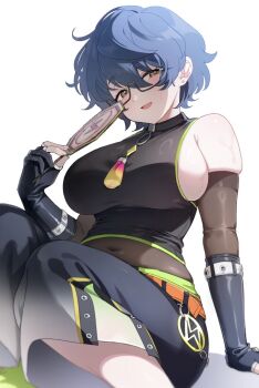 1girl aoba_tsumugi arm_support bare_shoulders belt black-framed_eyewear black_gloves black_pants black_shirt blue_hair blush breasts crop_top earrings elbow_gloves ensemble_stars! fingerless_gloves genderswap genderswap_(mtf) glasses gloves hair_between_eyes hand_fan highres holding holding_fan jewelry large_breasts lightning_bolt_symbol looking_at_viewer multicolored_hair necklace open_mouth pants paper_fan plump see-through_clothes see-through_shirt shirt short_hair sideboob simple_background sitting sleeveless sleeveless_shirt smile solo streaked_hair sweat tsmkwa uchiwa white_background yellow_eyes