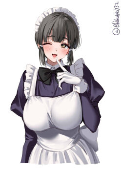 Rule 34 | 1girl, apron, artist name, blush, breasts, commentary request, dress, ebifurya, frilled apron, frills, gloves, grey hair, hair between eyes, hair intakes, hair ornament, hairclip, hand up, highres, juliet sleeves, kantai collection, large breasts, long sleeves, looking at viewer, medium hair, myoukou (kancolle), one-hour drawing challenge, one eye closed, open mouth, puffy sleeves, sidelocks, simple background, smile, solo, twitter username, white apron, white background, white gloves