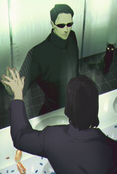 Rule 34 | 1boy, bathroom, black cat, capsule, cat, deja vu, deja vu (the matrix), highres, keanu reeves, matrix, matrix (movie), mirror, neo (matrix), pill, pill bottle, sink, sunglasses, the matrix, the matrix resurrections