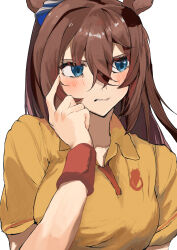 1girl absurdres animal_ears blue_eyes brown_hair collared_shirt commentary_request ear_ornament el_condor_pasa_(umamusume) fagrp12 hair_between_eyes highres horse_ears horse_girl long_hair looking_to_the_side medium_hair no_mask shirt short_sleeves simple_background solo umamusume upper_body white_background wristband yellow_shirt