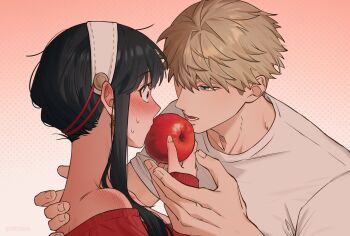 1boy 1girl absurdres apple bare_shoulders black_hair blonde_hair blue_eyes blush couple dress ear_blush food fruit hairband half-closed_eyes highres holding holding_food holding_fruit husband_and_wife imminent_kiss looking_at_another messy_hair nose_blush red_eyes red_sweater short_hair short_hair_with_long_locks shoulder_blush siro666b spy_x_family sweater sweater_dress twilight_(spy_x_family) yor_briar