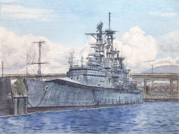 atelier_bono blue_sky bridge cloud commentary_request cruiser flag highres mast military_vehicle museum no_humans ocean original painting_(medium) pier radar real_world_location scenery ship sky submarine traditional_media uss_croaker_(ss-246) uss_little_rock_(cl-92) vehicle_focus warship watercolor_(medium) watercraft