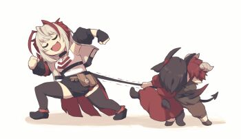 1boy 2girls ahoge antenna_hair arknights arms_up black_hair black_horns black_shorts black_sleeves black_tail brown_pants brown_shirt brown_thighhighs closed_eyes commentary_request dress fingerless_gloves full_body gloves grey_hair grey_horns hoederer_(arknights) horns ines_(arknights) jacket lari_lab leg_up medium_hair motion_lines multicolored_hair multiple_girls open_mouth pants pointy_ears pulling red_dress red_hair shirt short_hair short_sleeves shorts simple_background single_glove sleeveless smile standing streaked_hair tail tail_pull tank_top thighhighs w_(act_ii)_(arknights) w_(arknights) walking white_background white_jacket white_tank_top