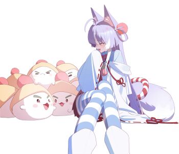 1girl :3 :d =_= absurdres ahoge animal_ear_fluff animal_ears beanie bird_doll blue_shirt clone creature fang feet_out_of_frame fox_ears fox_girl fox_tail furisode_sleeves hair_ornament hair_rings hand_up hashtag-only_commentary hat highres inari_(tenko_shibuki) kosode long_hair long_sleeves looking_to_the_side multicolored_hair open_mouth orange_eyes pom_pom_(clothes) pom_pom_beanie pom_pom_hair_ornament profile purple_hair shirt simple_background sitting sleeves_past_fingers sleeves_past_wrists smile stellive straight_hair streaked_hair striped_clothes striped_thighhighs tail tenko_shibuki thighhighs turning_head v-shaped_eyebrows very_long_hair virtual_youtuber white_background yellow_hat