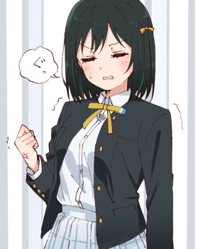 1girl anger_vein black_hair black_jacket blue_ribbon blush clenched_hand clenched_teeth closed_eyes collared_shirt commentary_request facing_viewer hair_ribbon jacket long_sleeves love_live! love_live!_nijigasaki_high_school_idol_club mifune_shioriko neck_ribbon nijigasaki_school_uniform open_clothes open_jacket plaid_clothes plaid_skirt pleated_skirt ribbon school_uniform shirt short_hair skirt skt_(ryxxxxx) solo speech_bubble teeth v-shaped_eyebrows white_shirt white_skirt winter_uniform