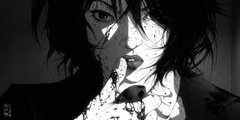 1girl black_hair blood blood_on_clothes blood_on_face blood_on_hands chinese_text close-up collared_shirt fingernails formal_clothes greyscale highres holding holding_knife knife lips looking_at_viewer monochrome original portrait shirt short_hair suit tontonrevolver