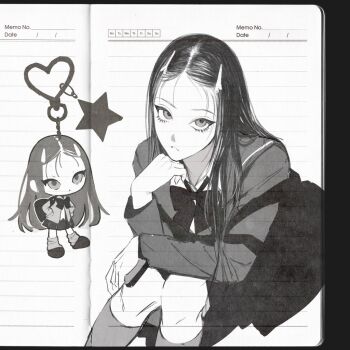 1girl arm_on_knee bag bow bowtie cardigan character_charm charm_(object) chibi chibi_inset closed_mouth collared_shirt dress_shirt elbow_on_knee elbow_rest empty_eyes expressionless eyelashes eyeliner faux_traditional_media forehead frown greyscale gyaru hair_ornament hair_over_shoulder hairclip hairpin hands_on_own_hips head_tilt kneehighs lined_paper long_hair looking_at_viewer looking_up loose_hair_strand loose_socks makeup middle_part miniskirt monochrome multiple_hairclips notebook open_cardigan open_clothes open_collar original oxi206 parted_hair pleated_skirt raised_eyebrow sanpaku school_bag school_uniform shirt sitting skirt socks star_(symbol) straight_hair wing_collar