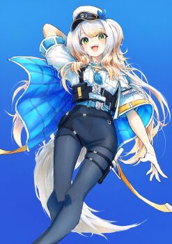 1girl absurdres armillarphere_v black_pantyhose black_shorts blonde_hair blue_background dog_tail from_below gloves gradient_hair green_eyes grey_hair half_gloves hand_on_back hat highres holster jacket jacket_on_shoulders long_hair multicolored_hair nijisanji pantyhose police police_hat police_uniform shioriha_ruri shirt short_shorts shorts simple_background smile solo tail thigh_gap virtual_youtuber white_gloves white_shirt