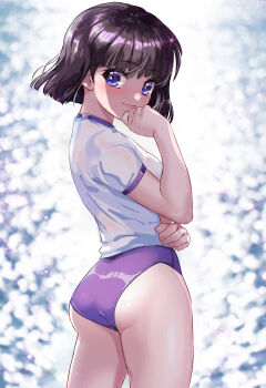 1girl absurdres arion_canvas ass bishoujo_senshi_sailor_moon black_hair blush buruma from_behind gym_uniform hand_to_own_mouth highres looking_at_viewer looking_back purple_buruma purple_eyes shirt short_hair short_sleeves smile solo thighs tomoe_hotaru white_shirt