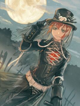 1boy adjusting_clothes adjusting_headwear black_gloves black_hat black_jacket commentary_request coofeli full_moon gloves grin hat holding jacket looking_at_viewer male_focus moon night outdoors red_eyes riddle_rosehearts smile solo top_hat twisted_wonderland veil