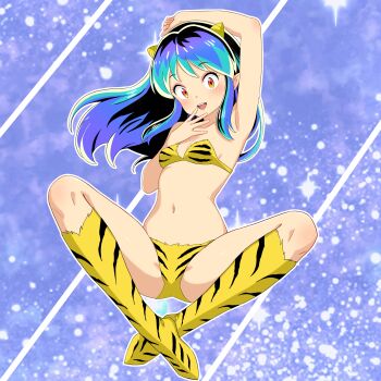 1girl absurdres animal_print aqua_hair bikini blue_hair boots breasts commentary_request cone_horns full_body gradient_hair highres horns knee_boots long_hair looking_at_viewer lum multicolored_hair navel open_mouth pointy_ears print_bikini rpca sidelocks small_breasts small_horns smile solo spread_legs strapless strapless_bikini striped_horns swimsuit thighs tiger_print urusei_yatsura yellow_bikini yellow_boots yellow_horns