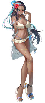 Rule 34 | 1girl, absurdres, alternate costume, arm tattoo, bikini, bikini skirt, black hair, blue bikini, blue eyes, blue hair, blush, breasts, cleavage, closed mouth, commentary request, dark-skinned female, dark skin, earrings, eyelashes, flower, flower request, full body, hair flower, hair ornament, hand up, highres, hoop earrings, jewelry, large breasts, light smile, long hair, long legs, mismatched bikini, momdy (talesshinja), multicolored hair, navel, nessa (pokemon), nintendo, pokemon, pokemon swsh, red flower, sidelocks, simple background, solo, standing, stomach, streaked hair, swimsuit, tattoo, white background, white bikini