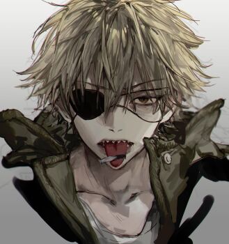 1boy bags_under_eyes blonde_hair brown_eyes chainsaw_man cigarette collarbone commentary_request denji_(chainsaw_man) eyepatch green_jacket grey_background hair_between_eyes highres jacket kkuekkue_(chifer1958) korean_commentary looking_at_viewer male_focus one_eye_covered open_mouth portrait sharp_teeth shirt short_hair simple_background solo teeth tongue tongue_hold tongue_out white_background white_shirt