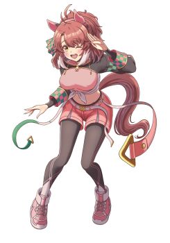 1girl 418tiger ;d absurdres ahoge animal_ears black_pantyhose breasts brown_eyes brown_hair checkered_ribbon commentary dantsu_flame_(center_spotlight)_(umamusume) dantsu_flame_(umamusume) ear_covers highres horse_ears horse_girl horse_tail large_breasts looking_at_viewer midriff multicolored_hair navel one_eye_closed open_mouth pantyhose pink_shoes pink_shorts shirt shoes shorts simple_background smile sneakers solo tail tied_shirt transparent_background umamusume white_hair