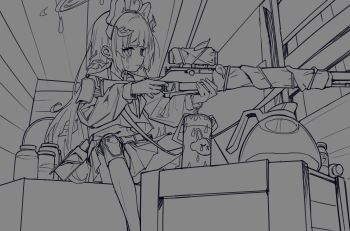 1girl absurdres blue_archive blunt_bangs bolt_action coffee_pot gun halo highres holding holding_gun holding_weapon knee_pads leaf leaf_on_head lineart long_hair miyu_(blue_archive) monochrome mosin-nagant parody rifle single_knee_pad sitting sniper_(tf2) team_fortress_2 waa153 weapon