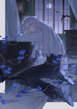 1boy absurdres ascot ash_echoes bat_(animal) black_pants black_shoes blood blood_splatter blue_blood blue_flower blunt_ends border chinese_commentary closed_mouth cloth coffin crossed_arms cup curtained_hair curtains drawer expressionless fang fang_out flower from_side full_body full_moon head_on_arm high-waist_pants highres indoors long_hair long_sleeves looking_at_viewer looking_to_the_side male_focus moon muntins night on_floor outside_border painting_(object) pants parted_bangs picture_frame plant pointy_ears purple_eyes shirt shirt_tucked_in shoe_soles shoes sitting solbyrd_von_luminberg solo teacup teapot tile_floor tiles torn_curtains vines wariza white_ascot white_border white_hair white_shirt window yingu494