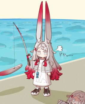 1girl absurdres animal_ear_fluff animal_ears black_shoes chibi closed_mouth day dress fishing fishing_line fishing_rod full_body gradient_hair grey_eyes grey_hair grey_jacket hair_ornament highres holding holding_fishing_rod jacket jitome long_hair long_sleeves looking_at_viewer miminoko_(vrchat) multicolored_hair multiple_views ocean open_clothes open_jacket outdoors rabbit_ears rabbit_girl rabbit_tail red_hair rukisan_pxv shoes short_eyebrows sneakers standing tail v-shaped_eyebrows very_long_hair vrchat water white_dress white_jacket wide_sleeves