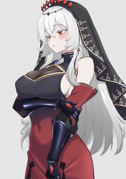 Rule 34 | 1girl, absurdres, arm under breasts, armpit crease, black dress, black veil, blazing cartesia the virtuous, blue gem, blush, breasts, colored eyelashes, commentary, commission, covered erect nipples, covered navel, cowboy shot, crossed bangs, dress, duel monster, ecclesia (yu-gi-oh!), gauntlets, gem, gradient clothes, gradient dress, grey background, hair between eyes, hair ornament, highres, long hair, medium breasts, oldsickkim, red dress, red eyes, red gem, sideboob, simple background, solo, standing, veil, white eyelashes, white hair, yu-gi-oh!