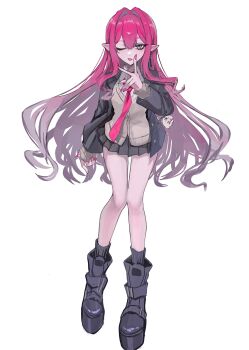 1girl absurdres baobhan_sith_(fate) blazer boots cernunnos_(fate) character_charm charm_(object) fate/grand_order fate_(series) full_body grey_eyes grey_jacket grey_skirt highres jacket looking_at_viewer one_eye_closed platform_boots pointy_ears rami_(zwndu0) school_uniform sidelocks skirt solo white_background