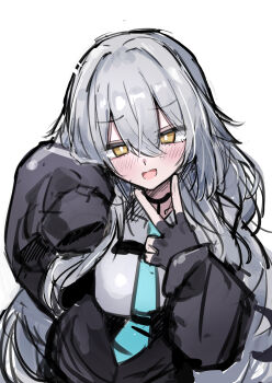 1girl black_gloves blue_necktie blush breasts brown_eyes collared_shirt commentary_request fingerless_gloves gloves grey_hair hair_between_eyes hands_up highres large_breasts long_hair long_sleeves looking_at_viewer necktie open_mouth puffy_long_sleeves puffy_sleeves rurune_(vrchat) shirt simple_background sketch sleeves_past_fingers sleeves_past_wrists solo tikuwazyousyou upper_body very_long_hair vrchat white_background white_shirt