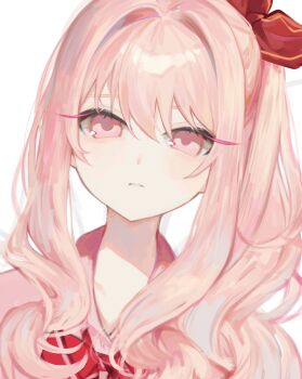 1other aimi_(mimi_nii2) akiyama_mizuki bow bowtie closed_mouth collarbone collared_shirt commentary_request diagonal-striped_bow diagonal-striped_bowtie diagonal-striped_clothes dutch_angle expressionless eyebrows_hidden_by_hair frown hair_between_eyes hair_bow hair_intakes high_side_ponytail highres long_hair looking_at_viewer other_focus pink_eyes pink_hair pink_shirt portrait project_sekai red_bow red_bowtie school_uniform shirt side_ponytail sidelocks simple_background solo straight-on striped_bow striped_bowtie striped_clothes swept_bangs white_background