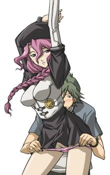 Rule 34 | 00s, 1boy, 1girl, beret, blush, braid, dress, hat, highres, kamina ayato, kisaragi quon, purple hair, long hair, mother and son, panties, panty pull, parted lips, pink hair, pink panties, purple eyes, purple panties, rahxephon, short dress, single braid, standing, underwear, undressing, watch