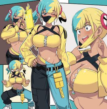 1girl absurdres angry bandeau black_hair black_mask black_pants blonde_hair blue_eyes blue_pants breasts canari_(pokemon) cleavage commentary_request dark-skinned_female dark_skin gen_4_pokemon highres jacket large_breasts looking_at_viewer maki_ikazuya mask mask_pull midriff mouth_mask multicolored_hair multiple_views navel nintendo one_eye_closed pants pokemon pokemon_legends:_z-a rotom rotom_phone squatting standing twintails two-tone_mask two-tone_pants yellow_bandeau yellow_jacket yellow_mask