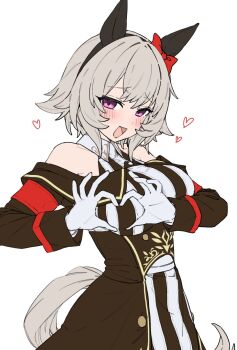 1girl animal_ears bare_shoulders black_dress blush bow breasts commentary_request curren_chan_(fille_eclair)_(umamusume) curren_chan_(umamusume) dress ear_bow ear_covers gloves grey_hair heart heart_hands highres horse_ears horse_girl horse_tail large_breasts looking_at_viewer motyomotyo_rsg4 naughty_face off-shoulder_dress off_shoulder open_mouth purple_eyes red_bow short_hair simple_background smile solo striped_clothes striped_dress tail umamusume vertical-striped_clothes vertical-striped_dress white_gloves