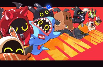 &gt;_&lt; ^_^ amillion_(zenless_zone_zero) animal_costume arm_up bag bag_over_head bagboo_(zenless_zone_zero) bandana bangboo_(zenless_zone_zero) bea_lenoir bell belt black_bandana black_jacket black_wings brown_belt butler_(zenless_zone_zero) character_name closed_eyes collared_shirt commentary costume cup demon_costume demon_horns demon_wings devilboo_(zenless_zone_zero) english_commentary eous_(zenless_zone_zero) facial_hair goggles goggles_on_headwear green_eyes hard_hat hat helmet holding holding_saucer horns jacket jingle_bell jumping letterboxed looking_at_viewer luckyboo_(zenless_zone_zero) mustache neck_bell no_humans open_clothes open_jacket orange_bandana paper_bag print_bandana red_background red_eyes red_horns rocketboo_(zenless_zone_zero) running safety_(zenless_zone_zero) saucer securityboo_(zenless_zone_zero) shark_costume sharkboo_(zenless_zone_zero) shirt simple_background teacup u_u v-shaped_eyebrows white_helmet wings yellow_hat zenless_zone_zero zipper zipper_pull_tab