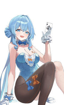Rule 34 | 1girl, ace (playing card), ace of spades, arahashi tabi, arm support, asymmetrical legwear, black hiphighs, blue eyes, blue hair, blue leotard, bow, breasts, card, cleavage, collar, commentary request, detached collar, double-parted bangs, feet out of frame, fishnets, frilled collar, frilled gloves, frills, gloves, hand up, highres, hiphighs, holding, holding card, knees up, korean commentary, large breasts, leotard, long hair, looking at viewer, open mouth, playing card, rahwol177, sitting, smile, solo, spade (shape), stellive, sticker, sticker on breast, strapless, strapless leotard, variant set, very long hair, virtual youtuber, white collar, white gloves