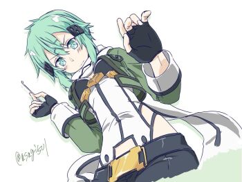 Rule 34 | 1girl, aqua eyes, armored leotard, artist name, asagi501, belt, black belt, black gloves, black leotard, black shorts, black trim, blush, breasts, cropped jacket, cropped legs, double-parted bangs, fingerless gloves, from below, gloves, green jacket, hair between eyes, hair ornament, hairclip, hands up, highleg, highleg leotard, holding, jacket, leotard, light frown, looking at viewer, looking down, medium breasts, medium hair, messy hair, multicolored jacket, multicolored leotard, object request, open clothes, open jacket, scarf, shorts, sidelocks, simple background, sinon, solo, split mouth, sword art online, twitter username, two-tone jacket, two-tone leotard, v-shaped eyebrows, white background, white jacket, white leotard, white scarf