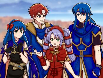2boys 2girls absurdres armor black_dress blue_eyes breastplate capelet closed_mouth commentary commission cosplay costume_switch dress english_commentary fire_emblem fire_emblem:_genealogy_of_the_holy_war fire_emblem:_the_binding_blade gold_trim green_eyes hairband highres hunnymzdraws in-franchise_crossover lilina_(fire_emblem) lilina_(fire_emblem)_(cosplay) long_hair looking_at_another multiple_boys multiple_girls nintendo outdoors pauldrons purple_hair red_capelet red_dress red_hair red_hairband roy_(fire_emblem) roy_(fire_emblem)_(cosplay) seliph_(fire_emblem) seliph_(fire_emblem)_(cosplay) short_hair shoulder_armor smile tine_(fire_emblem) tine_(fire_emblem)_(cosplay) twintails