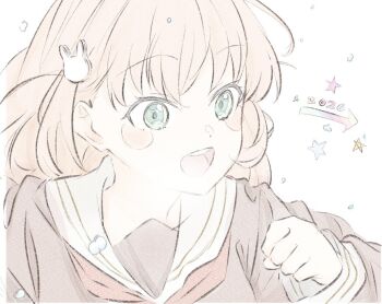 1girl 2026 :d aqua_eyes arrow_(symbol) brown_dress commentary_request dress fujimiz hair_ornament hasu_no_sora_school_uniform hinoshita_kaho link!_like!_love_live! long_sleeves looking_ahead love_live! medium_hair neckerchief open_mouth orange_hair pale_color portrait rabbit_hair_ornament red_neckerchief sailor_collar sailor_dress school_uniform simple_background smile solo star_(symbol) two_side_up virtual_youtuber white_background white_sailor_collar winter_uniform