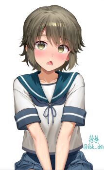 Rule 34 | 1girl, between legs, blue neckerchief, blue sailor collar, blue skirt, blush, brown eyes, brown hair, commentary request, embarrassed, hair between eyes, hand between legs, highres, invisible chair, iwabuchi501, kantai collection, lower teeth only, medium hair, messy hair, miniskirt, miyuki (kancolle), neckerchief, open mouth, pleated skirt, sailor collar, school uniform, serafuku, shirt, short sleeves, sidelocks, simple background, sitting, skirt, solo, teeth, twitter username, upper body, white background, white shirt