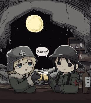 2girls :d alcohol beer black_eyes black_hair blob blue_eyes bottle chito_(shoujo_shuumatsu_ryokou) full_moon gloves helmet kishimen_udn military military_uniform moon multiple_girls night night_sky open_mouth ruins shoujo_shuumatsu_ryokou sky smile toasting_(gesture) twintails yuuri_(shoujo_shuumatsu_ryokou)