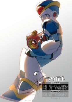 Rule 34 | 1boy, arm cannon, armor, blue helmet, first armor x (mega man), forehead jewel, full body, grey background, helmet, mega man (series), mega man x (series), simple background, solo, to i to io, watermark, weapon, white armor, x (mega man)