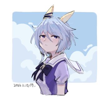 Rule 34 | 1girl, animal ears, blue eyes, blue hair, blue sky, blush, bow, bowtie, breasts, cloud, commentary request, cropped torso, ear covers, hair between eyes, highres, horse ears, horse girl, k.s.miracle (umamusume), looking at viewer, parted lips, puffy short sleeves, puffy sleeves, purple bow, purple bowtie, purple shirt, sailor collar, sailor shirt, saramiao-chan, school uniform, shirt, short hair, short sleeves, sky, solo, tracen school uniform, umamusume, white sailor collar