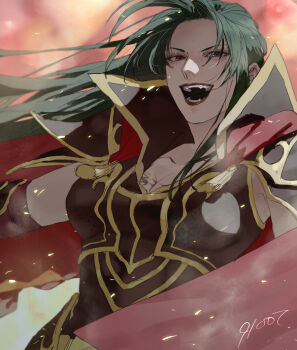 1girl 91007 armor black_armor black_lips breasts cleavage commentary_request earrings fire_emblem fire_emblem:_path_of_radiance green_hair jewelry large_breasts lipstick long_hair makeup nintendo petrine_(fire_emblem) purple_eyes solo