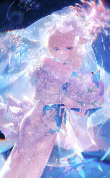 Rule 34 | 1girl, absurdres, artist request, bare shoulders, blonde hair, blue background, blue butterfly, blue gem, bouquet, bug, butterfly, chinese commentary, choker, chromatic aberration, commentary request, commission, dress, dutch angle, earrings, flower, gem, heavy chromatic aberration, highres, holding, holding bouquet, identity v, insect, jewelry, long sleeves, looking at viewer, mole, mole under eye, off-shoulder dress, off shoulder, official alternate costume, parted bangs, ribbon, second-party source, smile, solo, too many watermarks, veil, vera nair, vera nair (tonight or never), watermark, white choker, white dress, white ribbon, white veil
