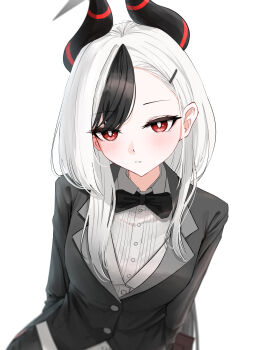 1girl absurdres black_bow black_bowtie black_hair black_horns black_jacket blue_archive blush bow bowtie bright_pupils buttons collared_shirt commentary grey_halo hair_ornament hairclip halo highres hit_by_hit horns jacket kayoko_(blue_archive) long_hair long_sleeves looking_at_viewer multicolored_hair parted_lips red_eyes shirt simple_background solo two-tone_hair upper_body white_background white_hair white_pupils white_shirt