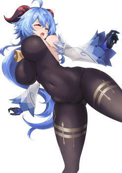 1girl absurdres ahoge bell black_bodysuit black_gloves black_panties blue_hair bodysuit bouncing_breasts breasts closed_eyes cowboy_shot detached_sleeves ganyu_(genshin_impact) genshin_impact gloves highres horns impossible_bodysuit impossible_clothes legs_apart long_hair open_mouth panties raised_eyebrows simple_background solo task_baron thighs underwear white_background white_sleeves