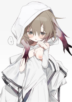 ... ...? 1girl ? arknights arms_up belt black_eyes blush breasts brown_hair cleavage clothes_pull detached_sleeves dress dress_pull facing_viewer gradient_hair hair_between_eyes hierda_(arknights) highres hood loli long_bangs looking_down medium_hair messy_hair multicolored_hair nervous nipples no_bra open_mouth pulling_own_clothes purple_hair rabbit_ears rabbit_girl shy sidelocks simple_background single_sleeve small_breasts solo speech_bubble spoken_ellipsis spoken_question_mark sweat two-tone_hair unitedunti white_background white_dress white_hood white_sleeves