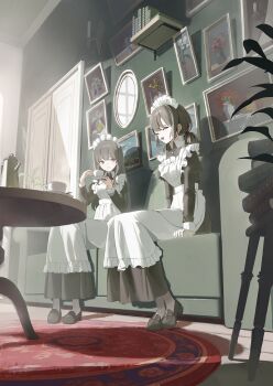 2girls :d ^_^ apron black_dress black_footwear black_hair book book_stack brown_eyes closed_eyes closed_mouth coffee_pot collared_dress commentary_request couch cup door dress frilled_apron frills hair_between_eyes highres holding holding_cup indoors juliet_sleeves loafers long_hair long_sleeves low_twintails maid maid_apron maid_headdress multiple_girls on_couch open_mouth original pantyhose puffy_sleeves rug saucer shii_(kairi-t-k0317) shoes sitting slice_of_life smile table twintails very_long_hair white_apron white_pantyhose wooden_floor