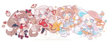 Rule 34 | 4girls, :d, asymmetrical legwear, black boots, black thighhighs, blue eyes, blue skirt, blush stickers, boots, bow, brown hair, brown hat, chibi, chibi only, closed mouth, commentary, dot nose, double-parted bangs, fanqiealxe, frilled skirt, frills, full body, grey hair, hat, highres, lace-up boots, long hair, looking at viewer, mismatched legwear, multiple girls, open mouth, original, parted lips, red skirt, sample watermark, shoes, short hair, simple background, single sock, single thighhigh, skirt, smile, socks, standing, standing on one leg, star-shaped pupils, star (symbol), suspender skirt, suspenders, untranslatable commentary, symbol-shaped pupils, thighhighs, twintails, uneven legwear, watermark, white background, white hair, white shoes, white socks, yellow bow