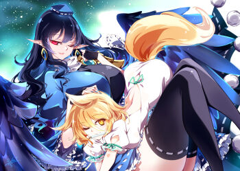 2girls :3 absurdres animal_ears bare_back black_hair black_thighhighs black_wings blonde_hair blue_dress blue_nails bodysuit breasts commentary dress fingerless_gloves fox_ears fox_girl fox_tail frills gloves hashtag-only_commentary hat headpat highres iizunamaru_megumu kudamaki_tsukasa large_breasts legs long_hair looking_at_viewer medium_hair multiple_girls nail_polish one_eye_closed parted_lips pointy_ears pom_pom_(clothes) raptor7 red_eyes short_sleeves small_breasts smile symbol-only_commentary tail test_tube test_tube_in_mouth thighhighs thighs tokin_hat touhou two-tone_dress white_bodysuit wings yellow_eyes