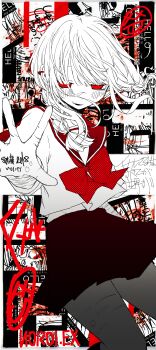 1girl absurdres blood bow bowtie commentary cowboy_shot cuts english_commentary hand_up highres injury looking_at_viewer medium_hair miniskirt noroi_(rnatataki) original pantyhose parted_lips red_bow red_bowtie red_eyes red_sailor_collar red_theme sailor_collar school_uniform screentones self-harm serafuku skirt solo torn_clothes torn_pantyhose