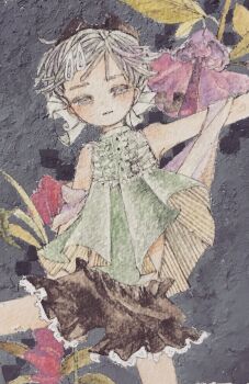 1girl absurdres acrylic_paint_(medium) asymmetrical_bangs blunt_bangs brown_shorts brown_skirt closed_mouth commentary_request dress expressionless flower frills grey_background grey_hair hair_ornament hairclip highres karintoun leaf looking_at_viewer original painting_(medium) pale_skin plant portrait short_hair shorts simple_background skirt sleeveless straight-on traditional_media watercolor_(medium)