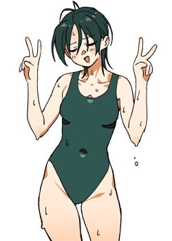 1girl antenna_hair ashikare black_hair black_one-piece_swimsuit breasts closed_eyes collarbone commentary double_v facing_viewer groin highres one-piece_swimsuit open_mouth original short_hair simple_background solo standing swimsuit v water_drop wet white_background